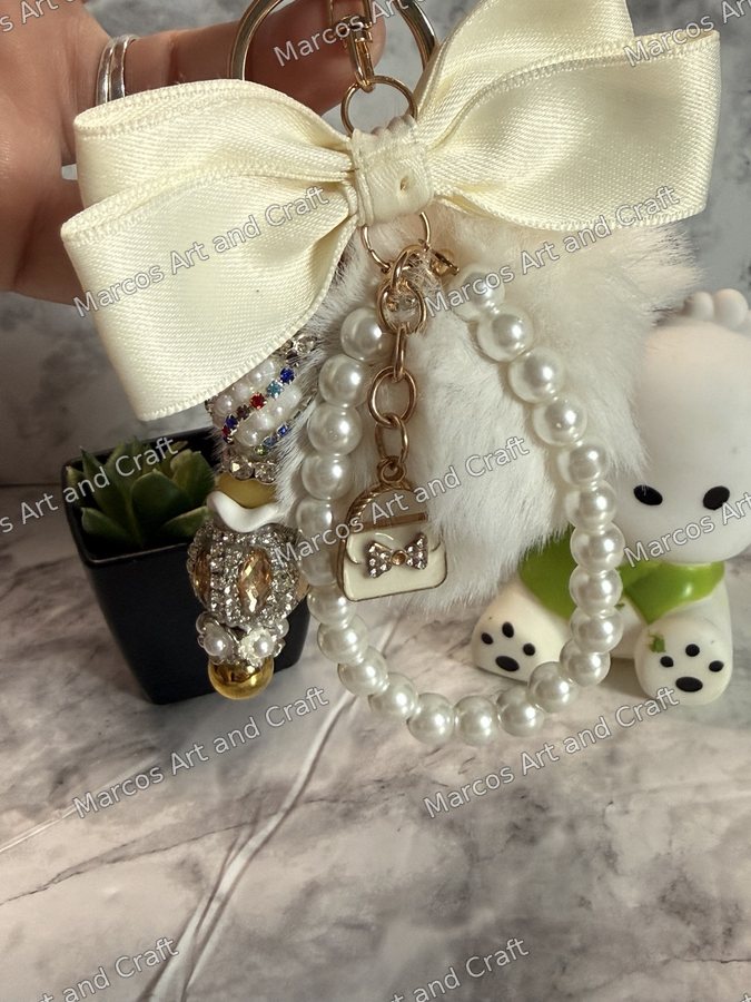 Cream White pearl wristlet keychain